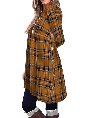 KORSIS Dresses for Women Yellow Striped Plaid Medium Long Sleeve Round Neck Casual Button Side T Shirts Loose Fitting Sweater Wrap Maternity Fall Winter Tunic Dress - Image 1