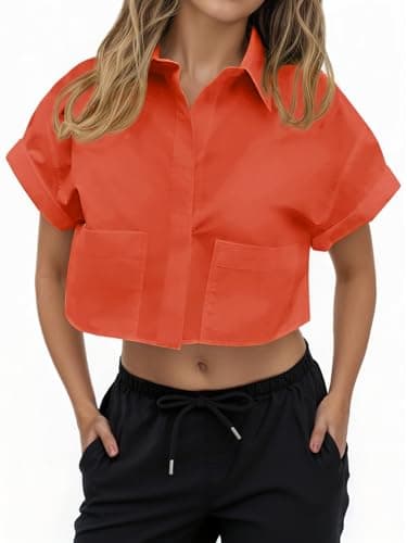Tankaneo Womens Button Down Shirts Cropped Short Sleeve Casual Crop Tops Blouses with Pockets - Image 1