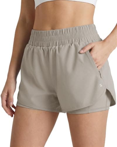 Stelle 2 in 1 Womens Running Shorts High Waisted Athletic Workout Gym Short with Zip Pockets (Sandy Grey,L)