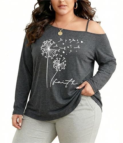 NANYUAYA Women’s Plus Size Off The Shoulder Tops Graphic Tee Long Sleeve Pullover Shirts Curvy Fashion Clothes 1X-5X Grey - Image 1