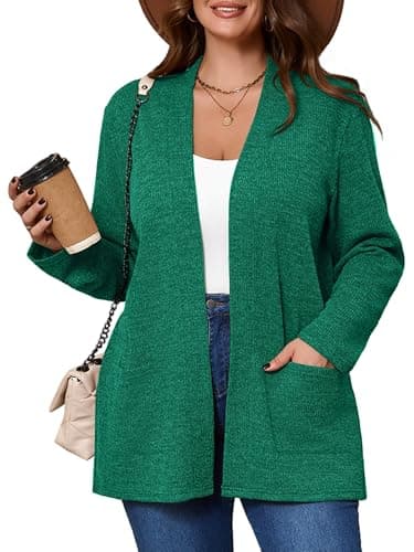 AusLook Women's Plus Size Lightweight Open Front Cardigan Grass Green 1X Causal Long Sleeve Cover Ups Jacket Shrugs Tops Shawls and Wraps Kimono - Image 1