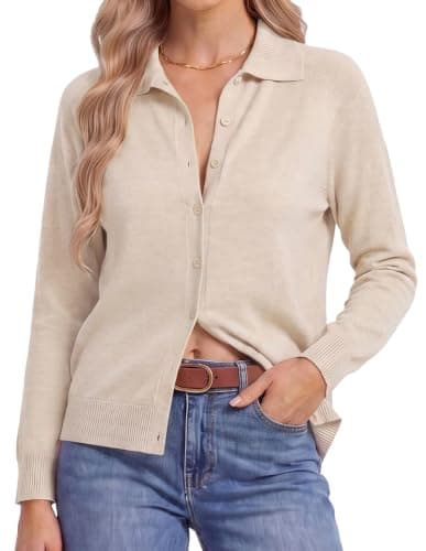 Collared Cardigan for Women Light Sweater Jackets Long Sleeve Button Up Cardigan Sweaters Golf Old Money Outfits Beige M - Image 1