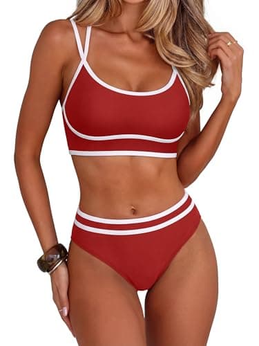 ANRABESS Womens Halter Bikini Set Color Block Sporty Swimsuits Two Piece High Waist Bathing Suit Sexy Summer Beach Swim Suits Red Large - Image 1