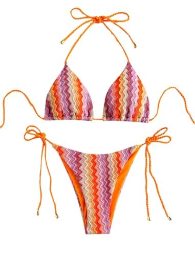 ZAFUL 2 Piece Triangle Bikini for Women Knitted Rope Halter Bikini Sets Sexy Bathing Suit Side Tie Swimsuits Beachwear Orange L - Image 1
