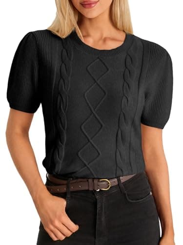 Cicy Bell Womens Puff Short Sleeve Sweater Tops Cable Knit Crew Neck 2026 Spring Shirts Lightweight Dressy Casual Sweaters Black - Image 1