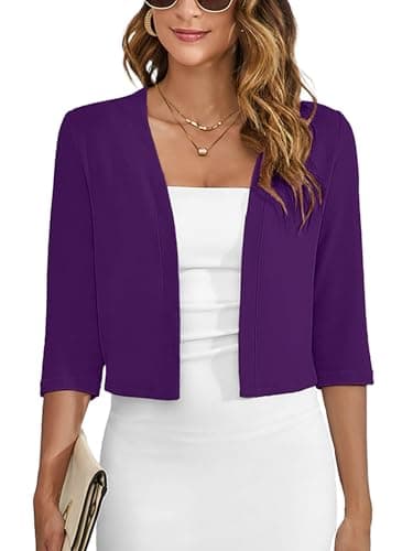 Heymoments Women's Thin Shrugs for Dresses Purple Large Open Front Knit 3/4 Sleeve Lightweight Coat Cropped Tops Shawls and Wraps Cardigan Dressy Sweater Clothes - Image 1