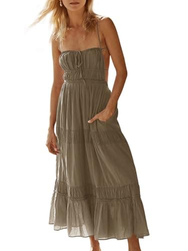 Wenrine Womens Summer Beach Dresses Backless Spaghetti Straps Self Tie Tiered Flowy Casual Maxi Dress with Pockets Khaki - Image 1