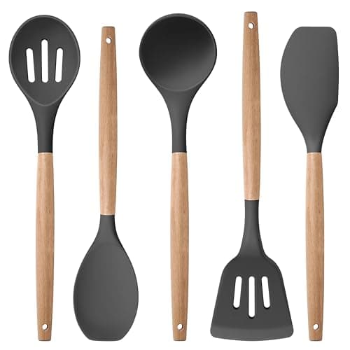 Herogo 5-Piece Cooking Utensils Set, Silicone Kitchen Utensils Set with Wooden Handle, Heat Resistant Cooking Tools Slotted Turner, Spoon, Soup Ladle, Spatula, Spoonula for Nonstick Cookware, Grey
