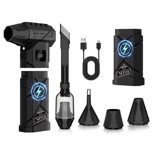 MTOX Compressed Air Duster, 150,000RPM Super Power Rechargeable Electric Air Duster, Blower, 2in1 Vacuum, 4-Gear Adjustable,2 Swappable Battery, LED, for Keyboard, PC, Car, Home (Frosted Black)