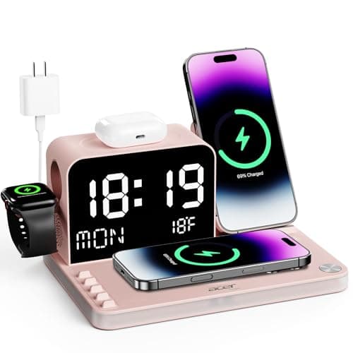 Acer 7-in-1 Wireless Charging Station with LED Clock - 30W Fast Wireless Charger for iPhone 16/15/14/13/12/Pro Max, Apple Watch, AirPods - Bluetooth Auto Time Sync & Night Lights (Pink) - Image 1