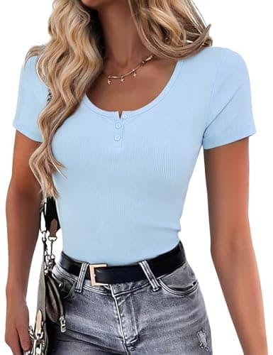 Henley Shirts for Women Ribbed Short Sleeve Tops Button Up Scoop Neck Tops Summer 2026 Casual Slim Fitted Tops Basic Blouse (Light Blue, Large) - Image 1