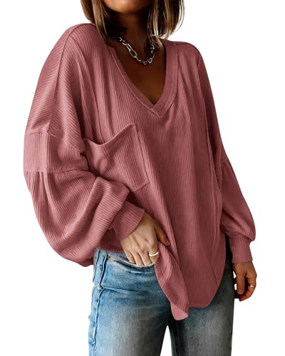 BTFBM Womens Fall Fashion 2026 Long Sleeve Shirts Casual V Neck Ribbed Knit Blouses Pullover Trendy Loose Fit Tunic Tops(Solid Pink, Medium) - Image 1