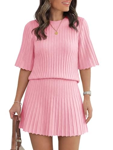 Saodimallsu Womens Lounge Sets Short Sleeve Sweater Summer Outfits 2 Piece Skirt Sets Mini Skirts Knit Sweater Set - Image 1