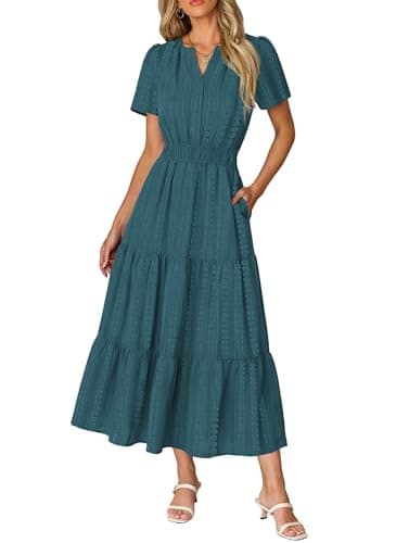 RUMIA Summer Dresses for Women Short Sleeve V Neck Beach Vacation Maxi Dress with Pockets PeacockBlue L - Image 1