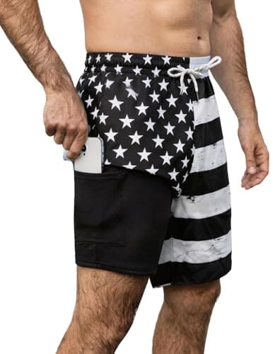 Aprolive Mens Swim Trunks 7 Inch with Compression Liner Summer Quick Dry 2 in 1 Beach Board Shorts with Pockets(Black White American Flag,Small) - Image 1