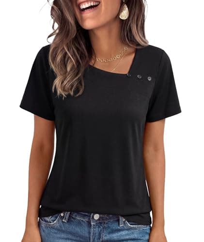 MFAVIP Short Sleeve Shirts for Women Tunic Tops Asymmetric Square Neck with Decorative Buttons Loose Fit Summer Casual Black - Image 1