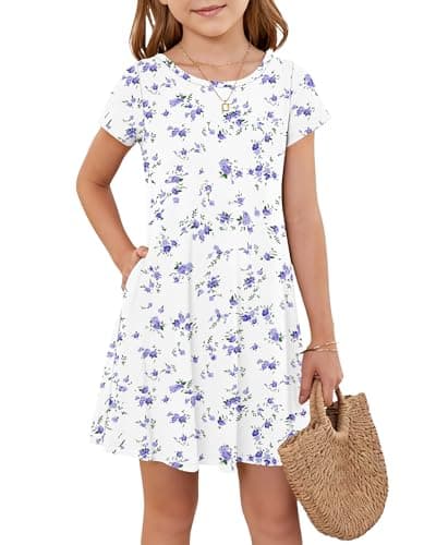 Tween Girls Short Sleeve Summer Boho Dress Kids Casual Crewneck Spring Twirl Party Dress with Pockets 2026 Purple Blue Flower 5-6 Years - Image 1