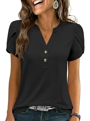 ANRABESS Womens Petal Short Sleeve Henley Shirts Summer 2026 V Neck Dressy Casual Blouses Spring Business Work Tunic Tops Black Medium - Image 1