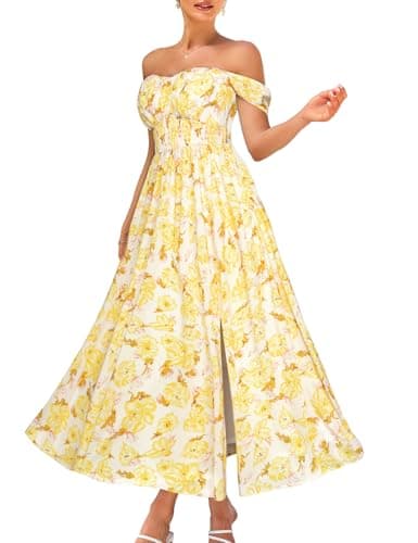 GRACE KARIN Summer Floral Dress for Women 2026,Off the Shoulder Smocked Bridesmaid Dresses,Formal Baby Shower Maxi Dresses Apricot Yellow XL - Image 1