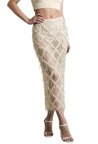 AXX Women's Sequin Fringe Midi Skirt - Sheer Mesh Sparkly Tassel Skirt with Side Slit, Elastic Waist Glitter Party Club (US, Alpha, XX-Large, Regular, Regular, Apricot) - Image 1