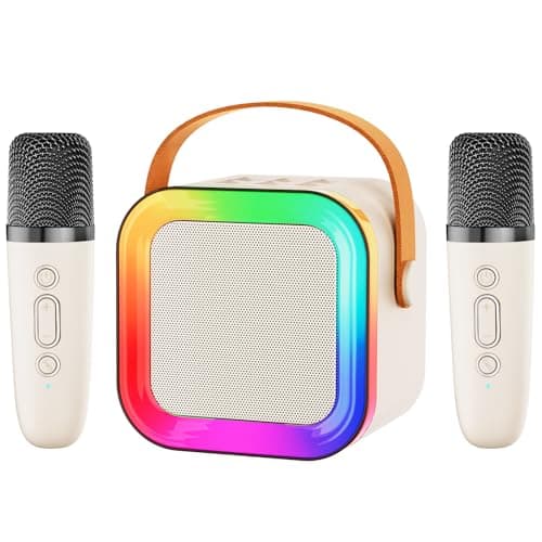 Kids Karaoke Machine Toy for Ages 3-12, Rechargeable Portable Bluetooth Speaker with 2 Wireless Mics, LED Lights Voice Changer, Christmas Birthday Gift for Boys Girls Grandkids (Cream - 2)