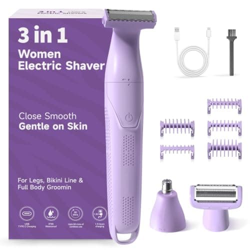 UNIMIKO Bikini Trimmer for Women, 3-in-1 Painless Womens Electric Razors & Pubic Hair Trimmer, Waterproof Womens Shaver with Ceramic Blades, USB Rechargeable Lady Groomer for Legs Underarm Face Purple - Image 1