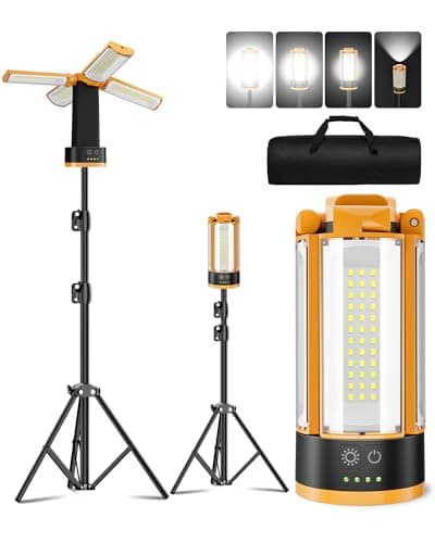 T-SUN Rechargeable Camping Light with Stand, 10400mAh LED Work Light 4100 Lumens with 4 LED Lamp Heads, Portable Work Light with Detachable Tripod 67" Max Height (Orange) - Image 1