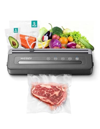 HiCOZY Compact Vacuum Sealer for Food, 5-in-1 Functions Vacuum Sealer with Double Heat Seal, Built-in Cutter, 10 BPA-Free Bags, Gray - Image 1