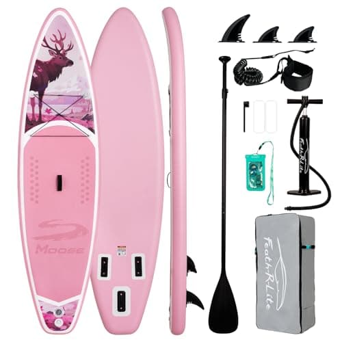 FEATH-R-LITE Inflatable Paddle Board Stand Up Paddleboards for Adults SUP with Premium Accessories Pump, Adjustable Paddle, Leash, Three Fins, Backpack (Blush Moose) - Image 1