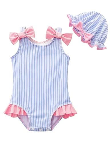 GEMLON Swimsuit Toddler Girl One-piece with Hats Ruffled Bow Strap Stripe Cute Bathing Suits for Girls Summer Beach 2-3T Blue Stripes - Image 1
