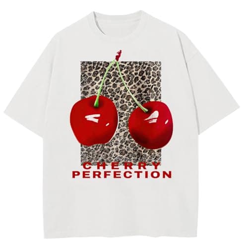 Women's Oversized Graphic Tees Cherry T Shirts Washed Vintage Casual Summer Baggy Cotton Tops Cute Grunge Shirt(White-M) - Image 1