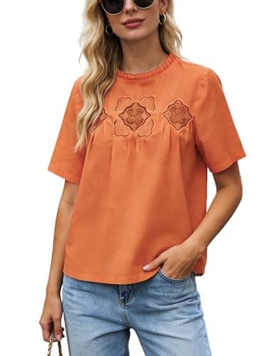 Wefebi Women's Cotton Lace Flared Blouse Short Sleeve Crew Neck Babydoll Top Mesh Swing Tshirts with Delicate Back Design(Orange-L) - Image 1