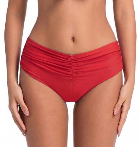 COCOPEAR Mid Rise Bathing Suit Bottoms for Women Ruched Tummy Control Swim Bottoms Full Coverage Bikini Bottoms for Women Mars Red XS - Image 1