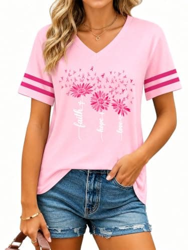 QIXYN Breast Cancer Shirts for Women Pink Ribbon Cancer Survivor Shirt