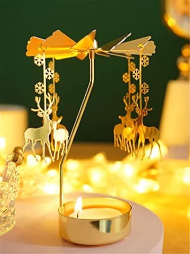 4EVERHOPE Rotating Candle Holder, Gold Spining Metal Tealight Candle Holder for Birthday, Christmas, Valentine's Day, Party Table Decor, Wedding (Reindeer)