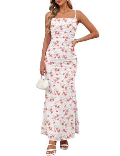 Zelroxa Women Sleeveless Spaghetti Strap Maxi Dress Casual Ruched Bodycon Vacation Beach Sundress Floral Wedding Cocktail Backless Pastel Bandage Boho Long Summer Slip Dresses Pink - Image 1