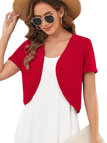 Heymoments Women's Short Sleeve Shrugs Red X-Large Lightweight V-Neck Open Front Cropped Cardigan Knitted Bolero Sweaters Elegant Dresses Cover Up - Image 1