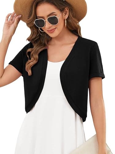 Heymoments Women's Short Sleeve Shrugs Black Small Lightweight V-Neck Open Front Cropped Cardigan Knitted Bolero Sweaters Elegant Dresses Cover Up - Image 1