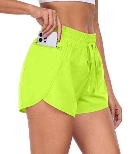 PrinStory Womens Athletic Shorts High Waisted Running Quick Dry Gym Workout Shorts with Zipper Pockets Neon Green-L-FBA - Image 1