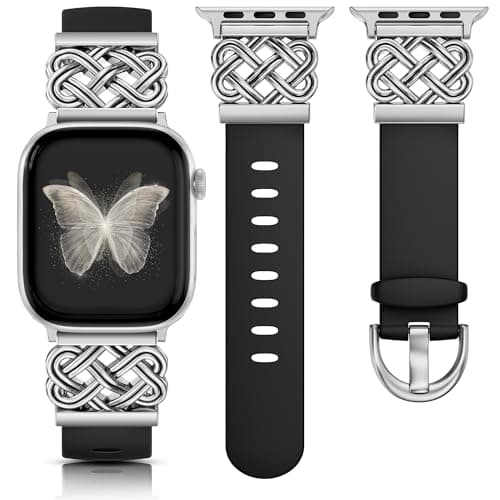 Minyee Celtic Knot Silicone Band Compatible with Apple Watch Band Women 42/38/40/41mm, Dressy Soft Silicone Breathable Thin Sport Strap for iWatch Series 11 10 9 8 7 6 5 4 Ultra/SE 3 2 1,Black/Silver - Image 1