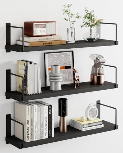 EALLRINEC Floating Shelves, 24 Inches Easy to Install Wall Mounted Shelves, Set of 3, Rustic Wood Shelves for Wall Decor, Storage Shelves for Living Room (Black) - Image 1