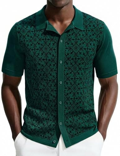 Mens 70S Shirt Short Sleeve Button Down Contrast Color Summer Tops for Travel Black Green XL - Image 1