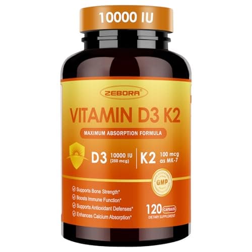 ZEBORA Vitamin D3 K2 - Maximum Strength 10000IU D3 & 100mg K2 as MK-7 - Heart, Bone, Immune Health & Antioxidan Defenses Support - Gluten-Free, Non-GMO, 120 Capsules - Image 1