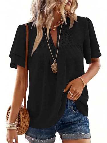 Bellcoco Womens Summer Tops 2026 Dressy Casual V Neck Ruffle Short Sleeve Blouses Swiss Dot Flowy Shirts Tunic Top(Black,X-Large) - Image 1