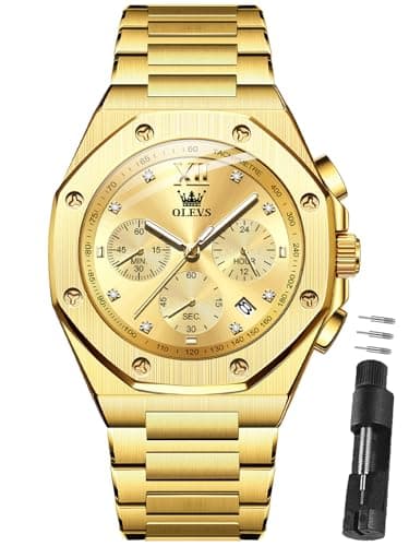 OLEVS Gold Watches for Men Luxury Business Quartz Mens Watch Stainless Steel 30M Waterproof Watch for Men with Day Date Gold Face Golden Style Perfect for Parties and Fashion Statement Gifts. - Image 1