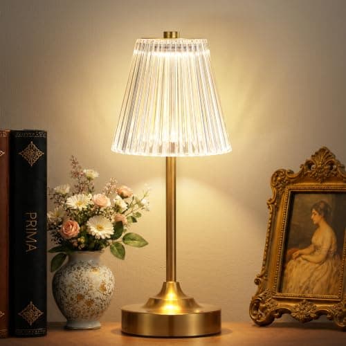 Gold Cordless Rechargeable Table Lamp, Touch Battery Powered Lamp, 3 Color Modes, Crystal Acrylic Lampshade, Portable Ambient Night Light for Desk, Bedroom, Living Room, Dining Room, Kitchen, Bar - Image 1