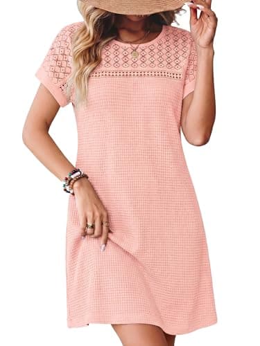 HDLTE Womens Beach Dress Crochet Swim Cover Up Beach Bathing Suit Cover Up Waffle Knit Casual Crew Neck Dress Pink - Image 1