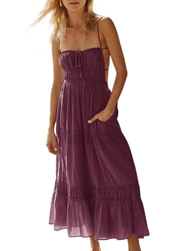 Wenrine Womens Summer Beach Dresses Backless Spaghetti Straps Self Tie Tiered Flowy Casual Maxi Dress with Pockets - Image 1