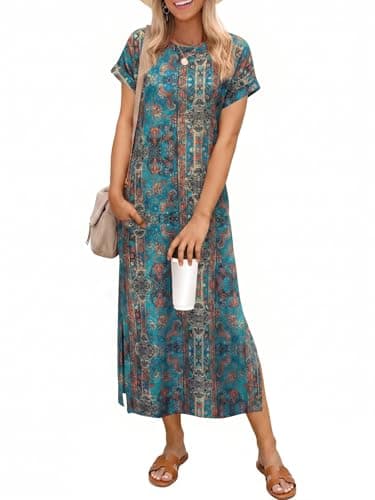 Wenrine Womens Summer Floral Maxi Dress Short Sleeve Casual Loose Sundresses Split Vacation Beach Long T Shirt Dress - Image 1