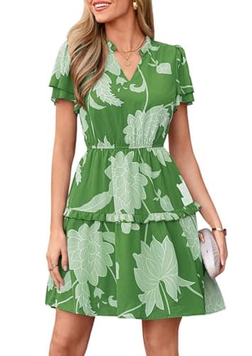 PRETTYGARDEN Womens Summer Floral Mini Dress 2026 Trendy Ruffle Short Sleeve V Neck Flowy A Line Short Beach Dresses (Green Floral,Medium) - Image 1
